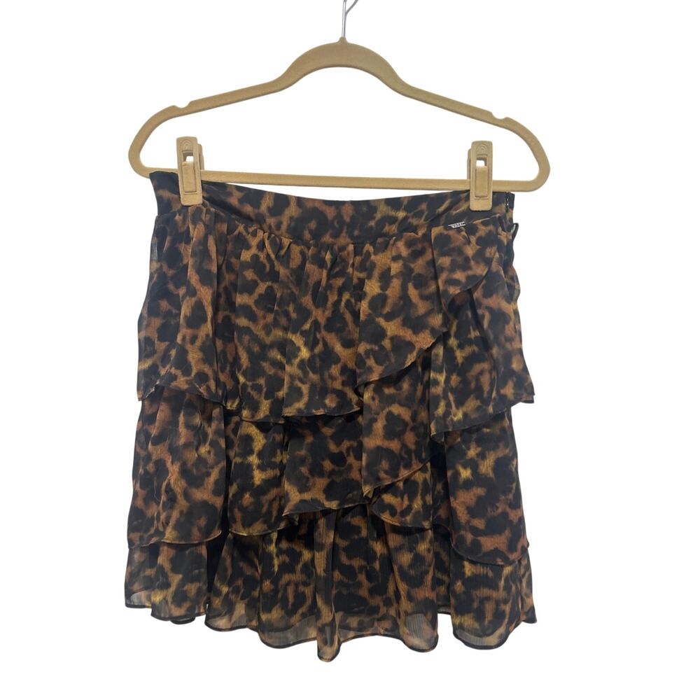 Guess Brown Black Leopard Stretch Waist Zipper Fall Tiered Mini A-Line Skirt XL
